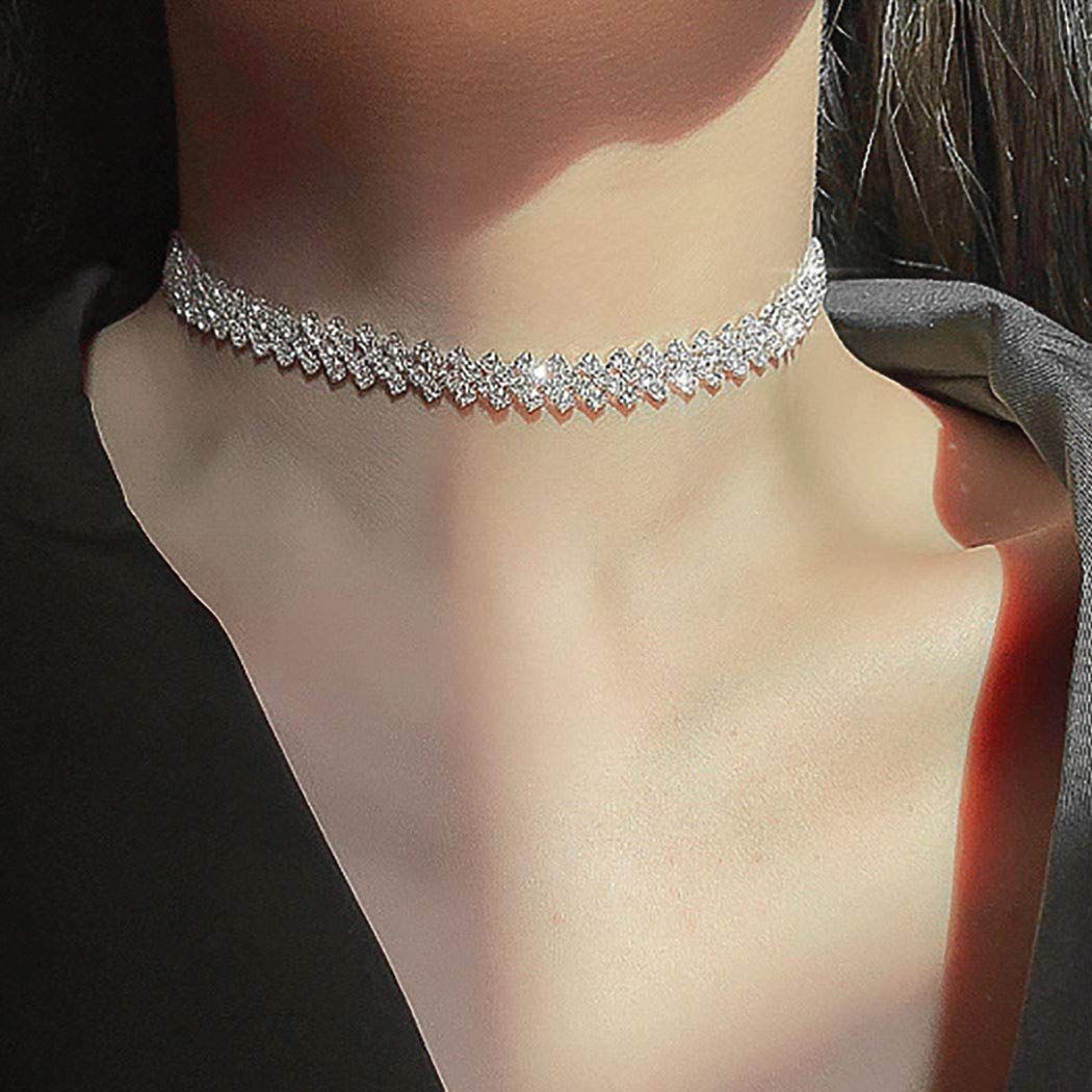 Jeairts Rhinestone Choker Necklace Silver Diamond Row Necklaces Sparkly Crystal 