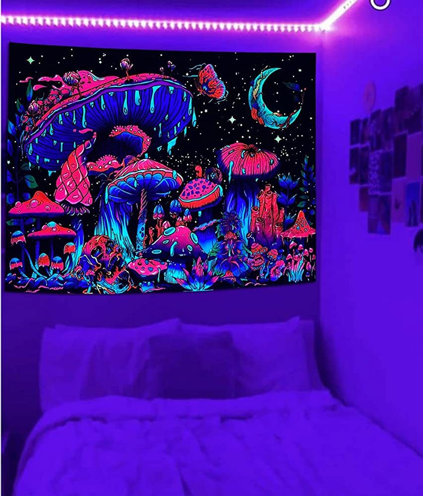 Jhdstore Blacklight Mushroom Tapestry Uv Reactive Black Light Mushroom Posters W