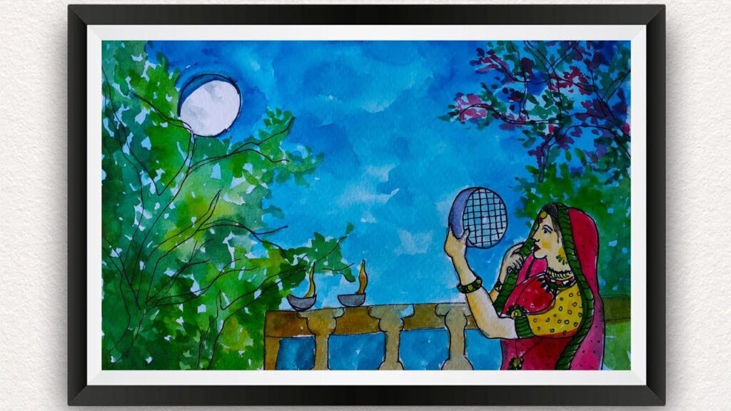 Karwa Chauth Drawing Easy | Karva Chauth Ki Vrat Puja Watercolor Painting | Woma