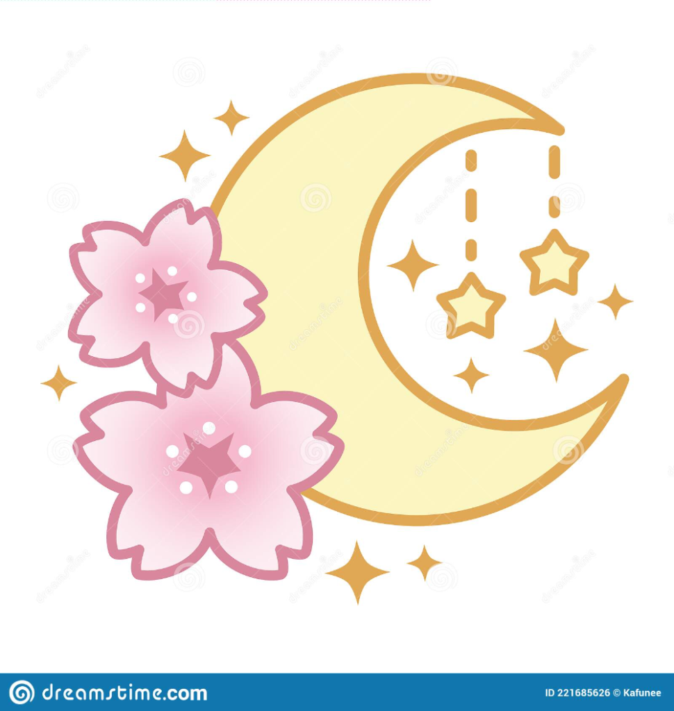 Kawaii Vector Illustration Of Cute Moon With Sakura And Stars, Doodle, Moon, Flo