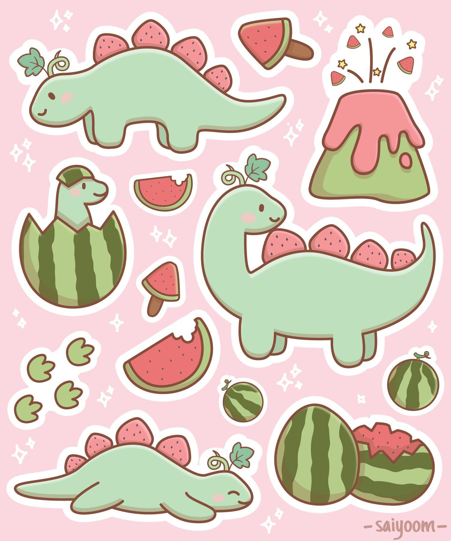 Kawaii Watermelon Dino Dinosaur Sticker Sheet Zero Residue 5x6 Laptop Sticker
