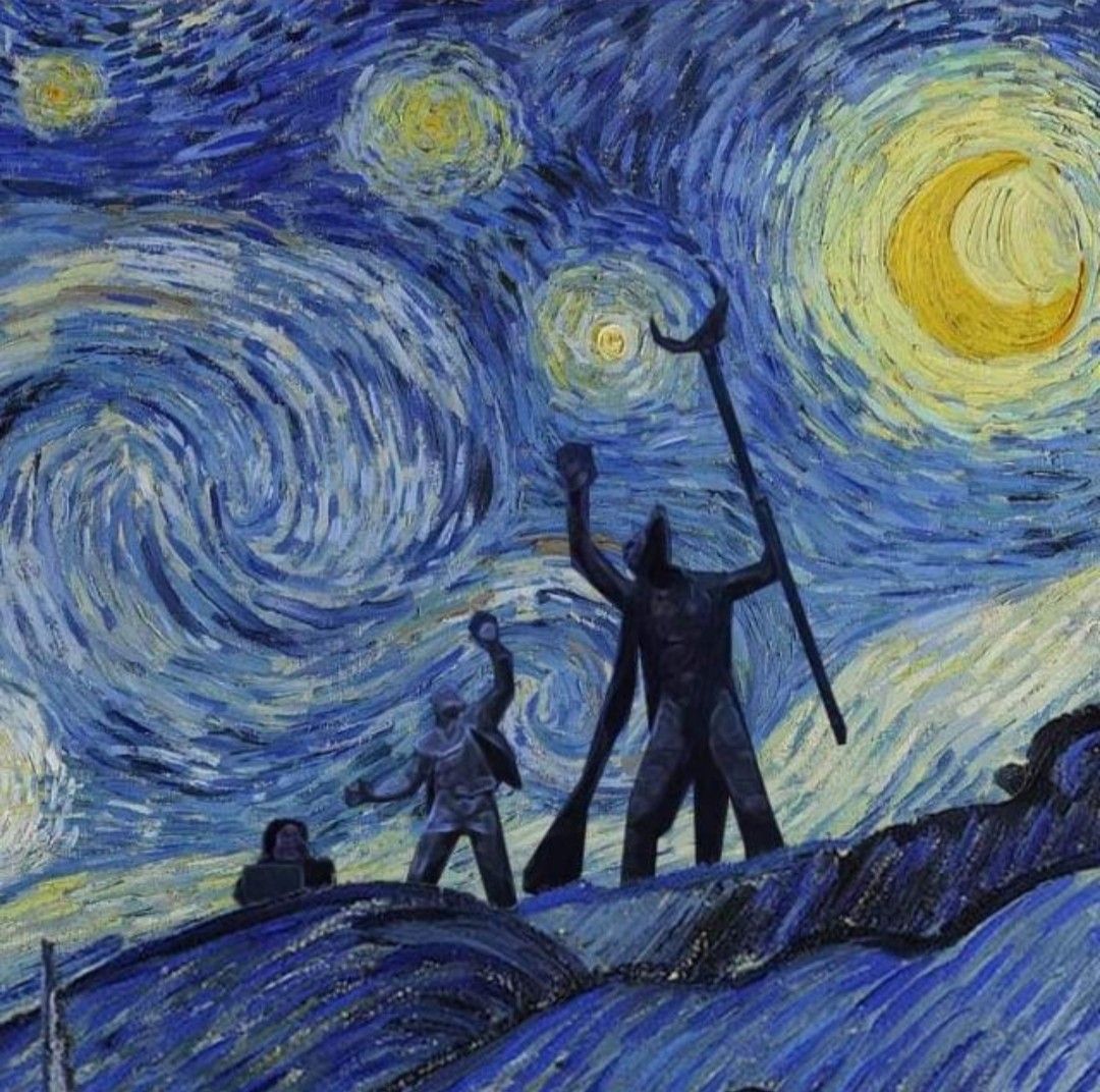 Khonshu steven with a "V" and Van Gogh's starry sky