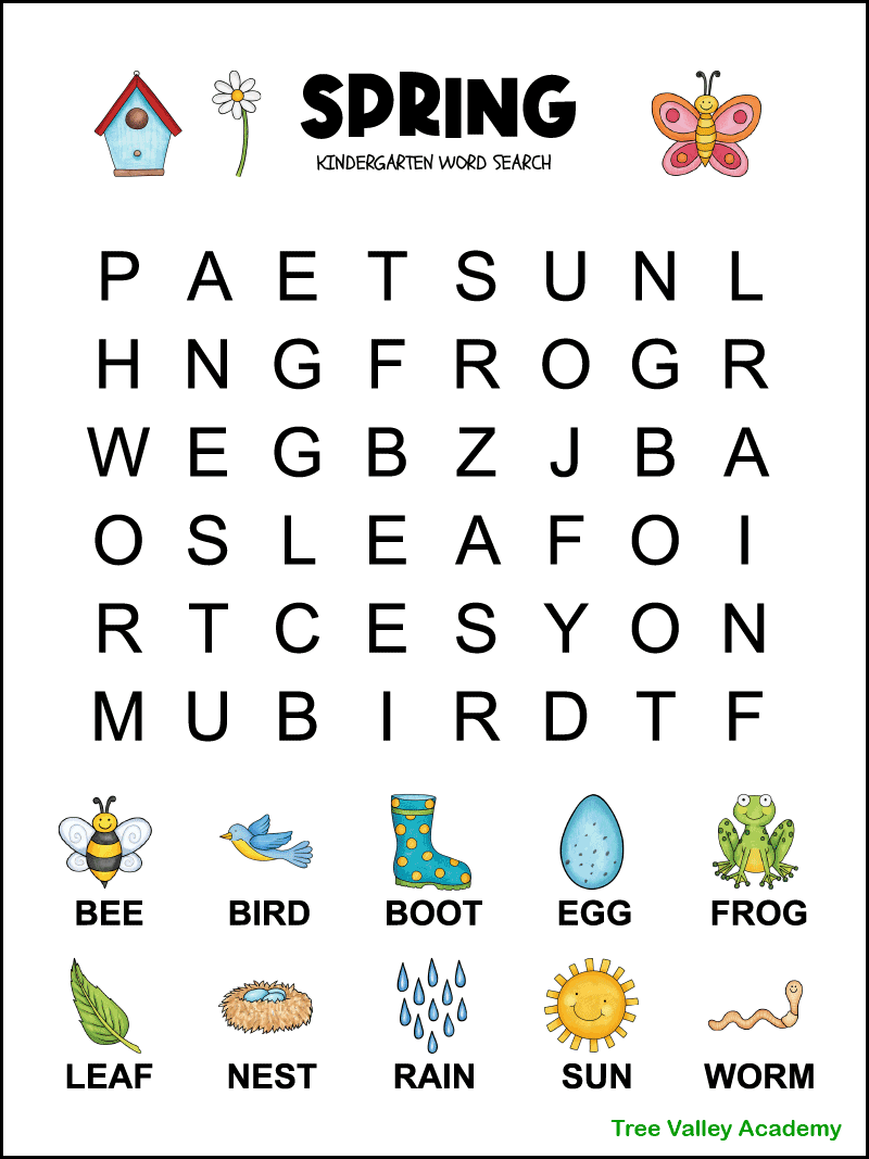 Kindergarten Spring Word Search