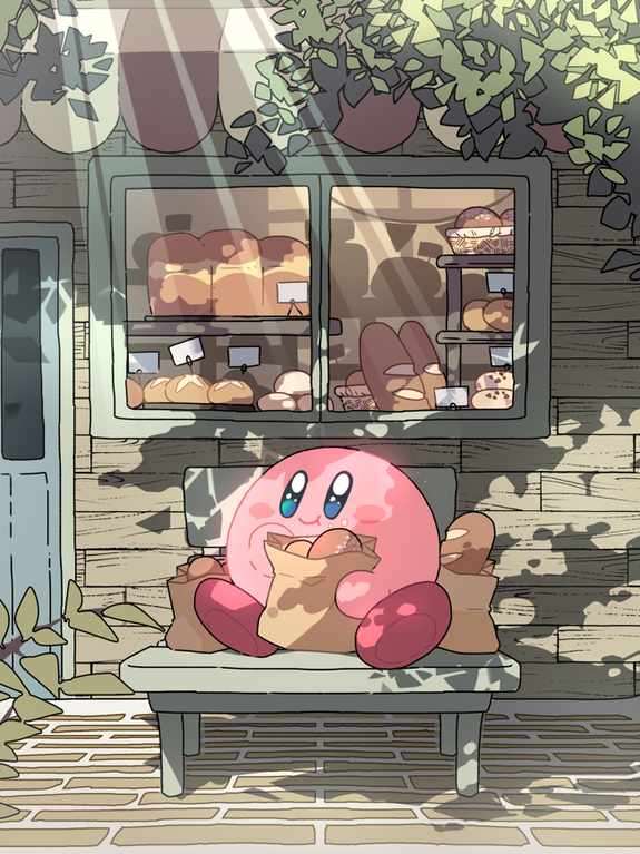 Kirby loves the bakery, by @mutekyan