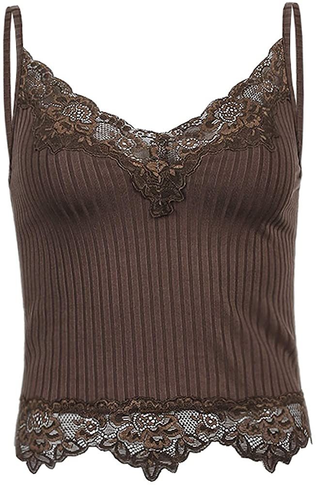 Lace Patchwork Brown Crop Top Y2K Clothes Fairy Grunge Style Cropped Tees Cami R