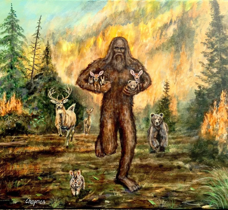 Large Print Bigfoot Saves Baby Animals From A Forest Fire