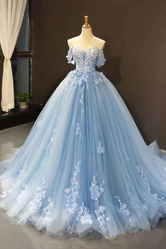Light Sky Blue Off the Shoulder Ball Gown Tulle Prom Dress with Applique - Pictu