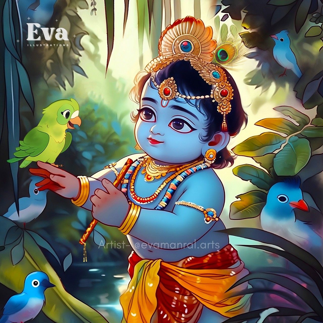 Little Krishna With Birds, Eva Manral Arts HD Wallpaper