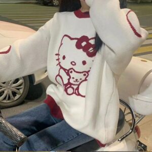 Loose soft contrast color cartoon hello kitty knit sweater top , Beige , L Images