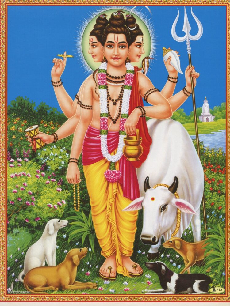 Lord Dattatreya - Vintage-Style Indian Hindu Devotional Poster Print