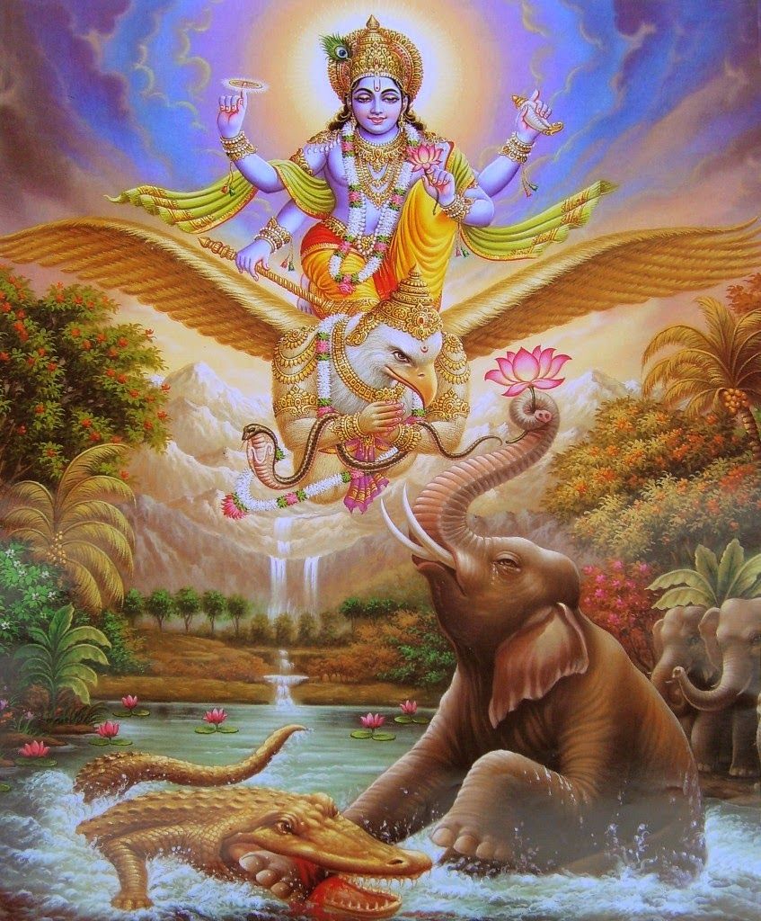 Lord Vishnu rescues the elephant.(Gajendra Moksha) Images