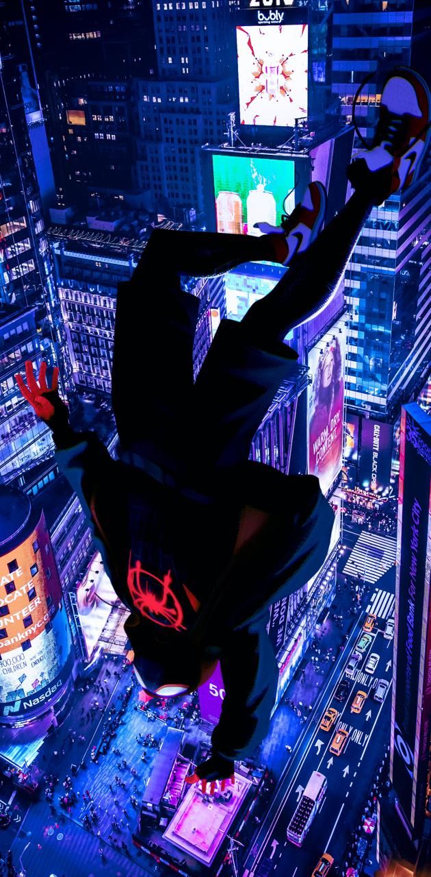 Download Neon Lights With Falling Spider Man Miles Morales iPhone Wallpaper   Wallpaperscom