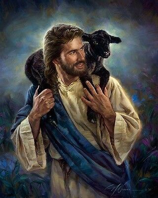 Nathan Greene THE GOOD SHEPHERD Jesus Black Lamb Sheep 20×16