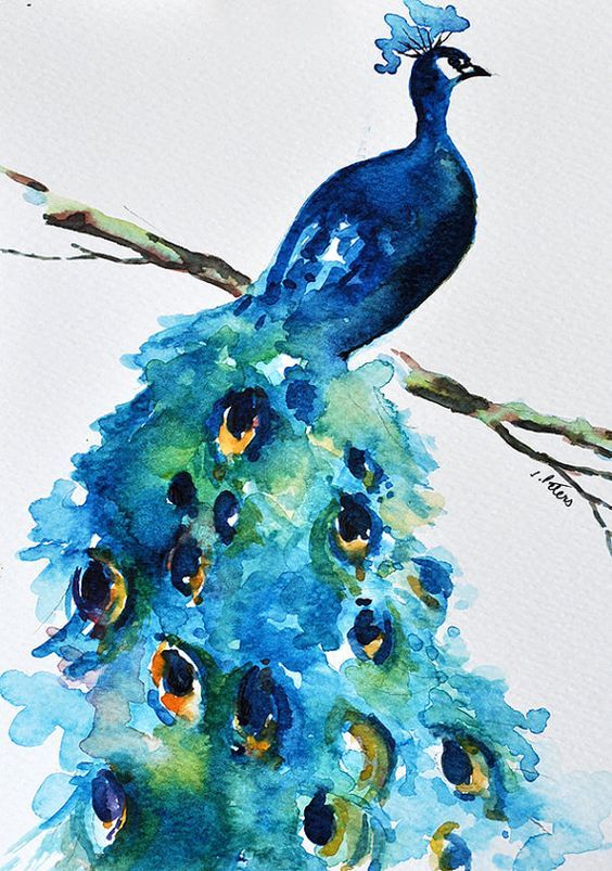 ORIGINAL Watercolor Painting, Peacock Painting, Turquoise Green Blue, Dark Blue 