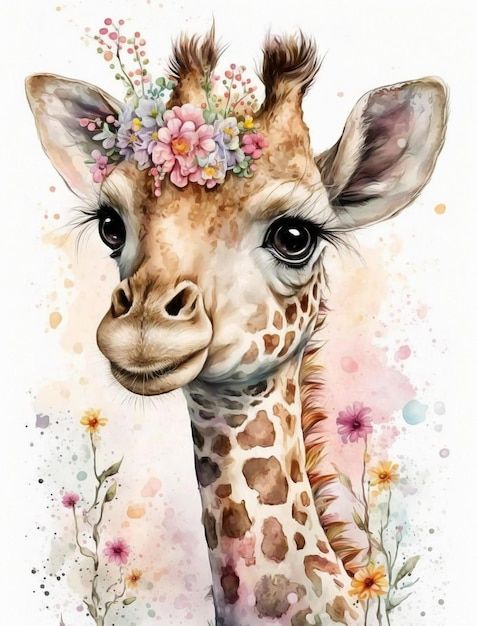 Premium AI Image | A watercolor painting of a giraffe with a flower crown.