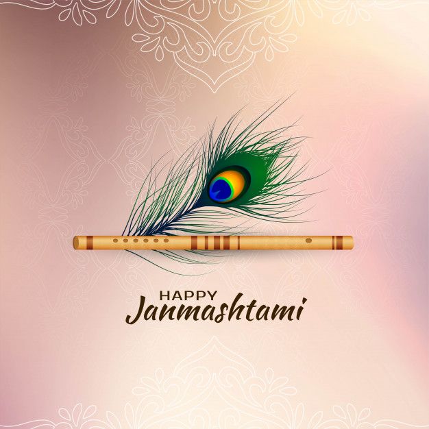 Premium Vector | Happy janmashtami card with peacock feather and flute