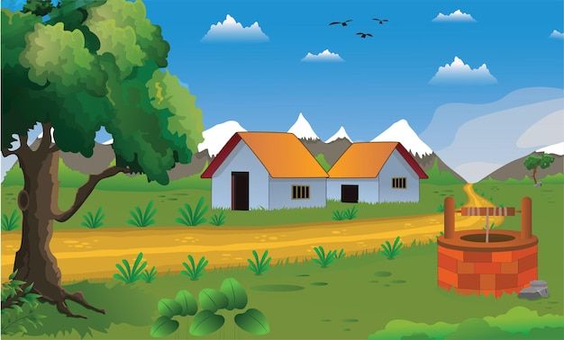 Premium Vector | Village cartoon background illustration with old style cottage,