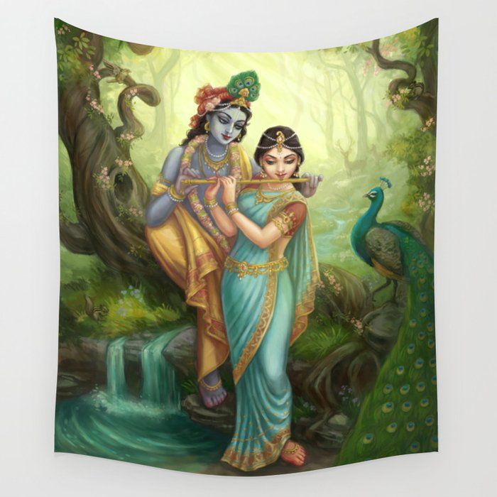 Radha Krishna Playing The Flute Wall Hanging Tapestry By Nilambari - 51&Quot; X 60&Quot;