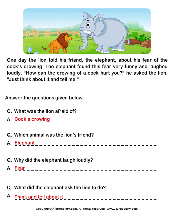 Read Comprehension Lion And Cock And Answer The Questions
