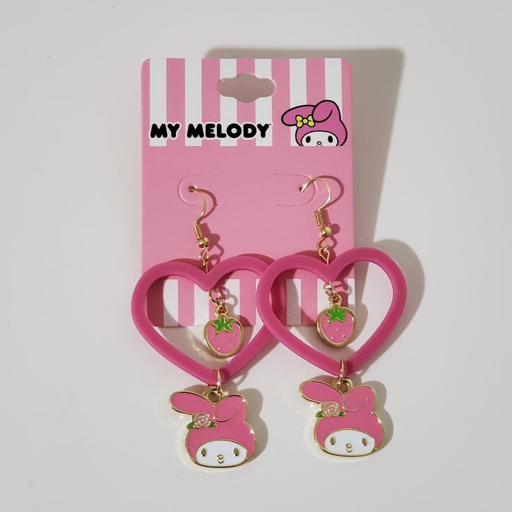 Sanrio Hello Kitty My Melody Strawberry Heart Pink Drop Earrings
