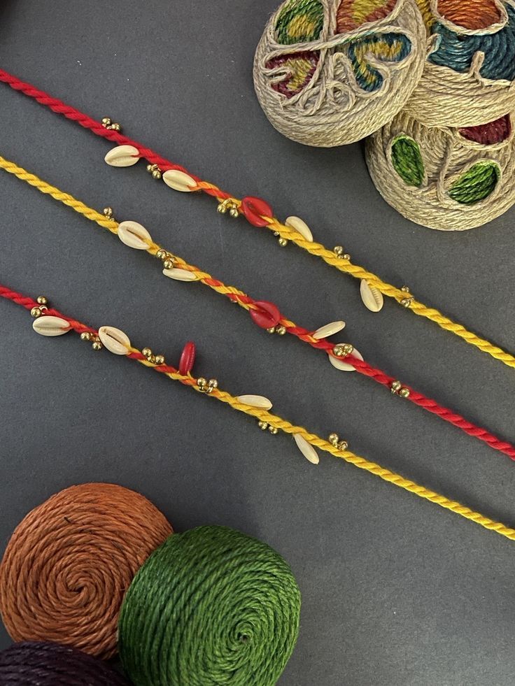 Set Of 3 Fancy Seashell With Ghungroo Rakhi Mauli Thread