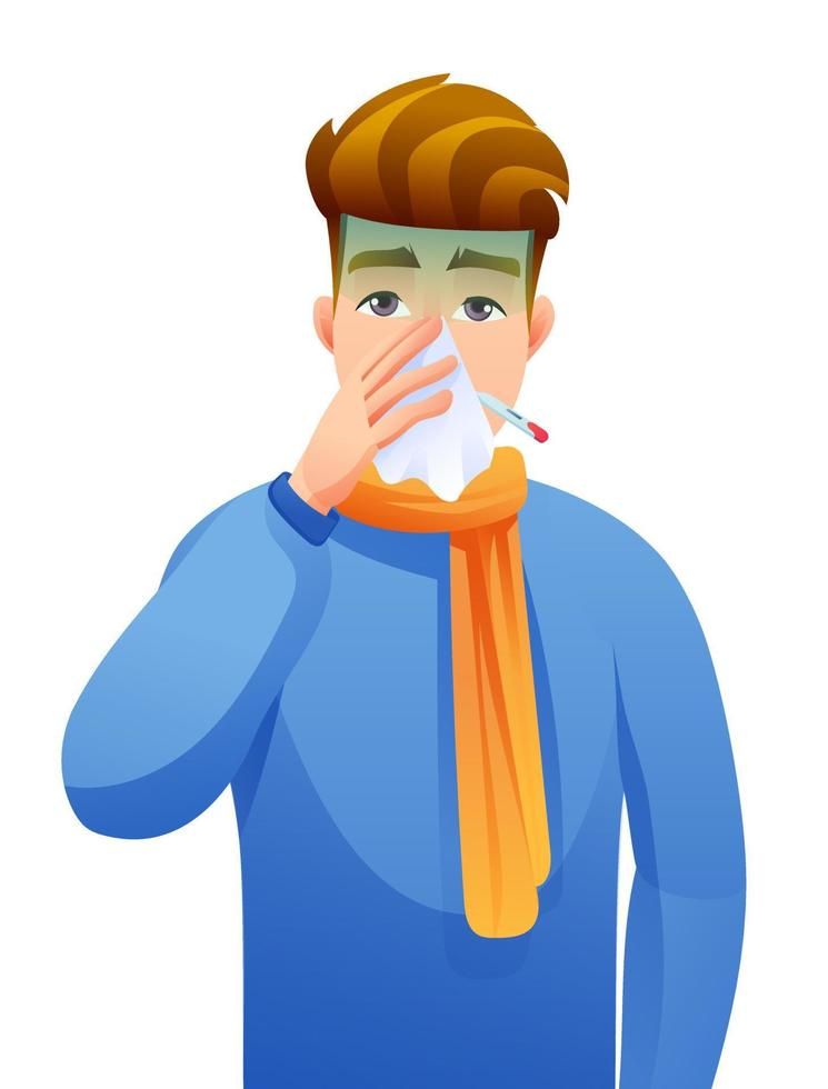 Sick Man Has Running Nose And Feels Uncomfortable. A Guy Has A Bad Fever Cartoon