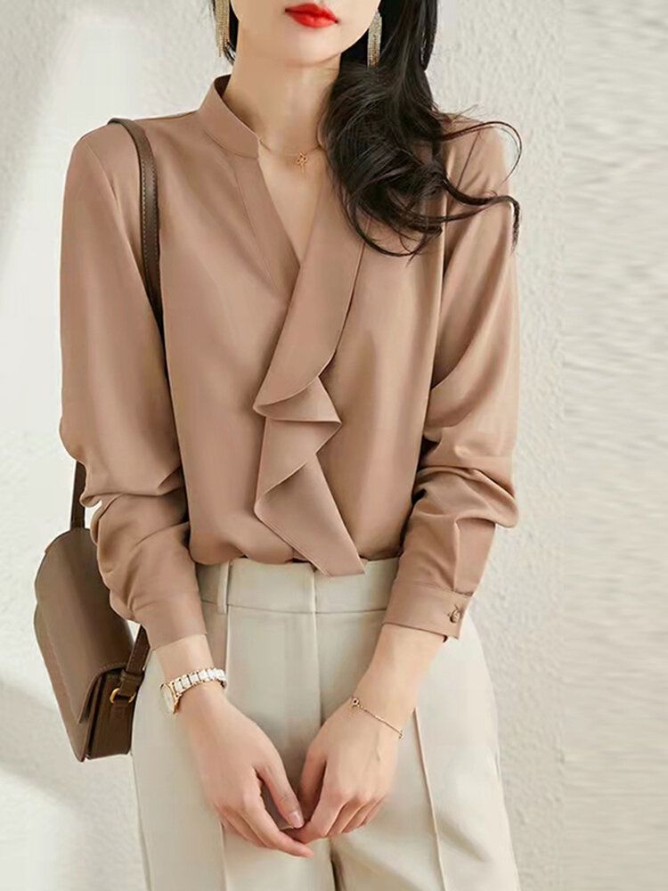 Solid Ruffle Stand Collar Long Sleeve Blouse For Women Images