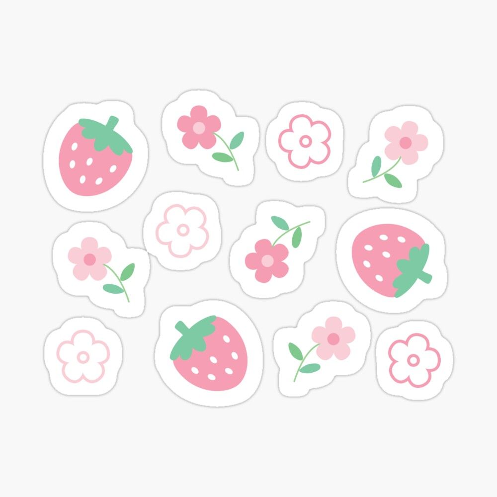 Strawberries Pink Flowers Kawaii Cute Pastel Sticker by candymoondesign