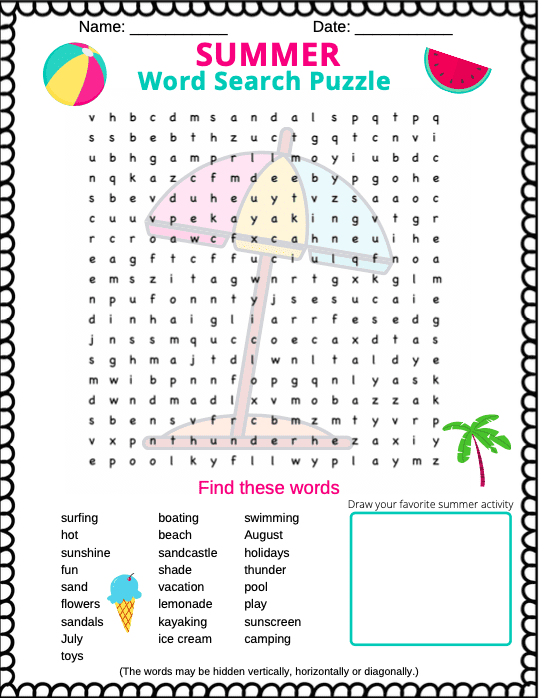 Summer Word Search Puzzle For Kids