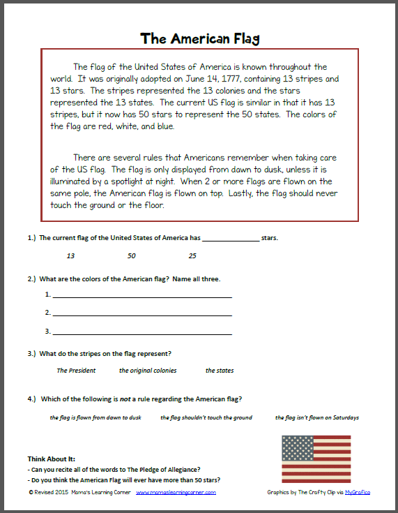 The American Flag Reading Comprehension Worksheet