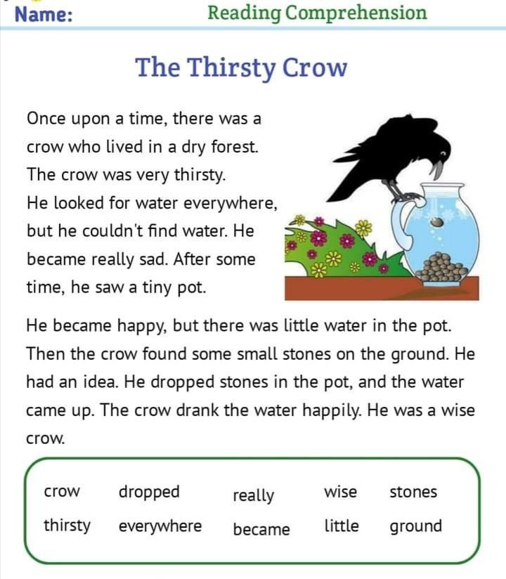 The Thirsty Crow .Reading Comprehensive .Reading Practice Worksheet For Kids