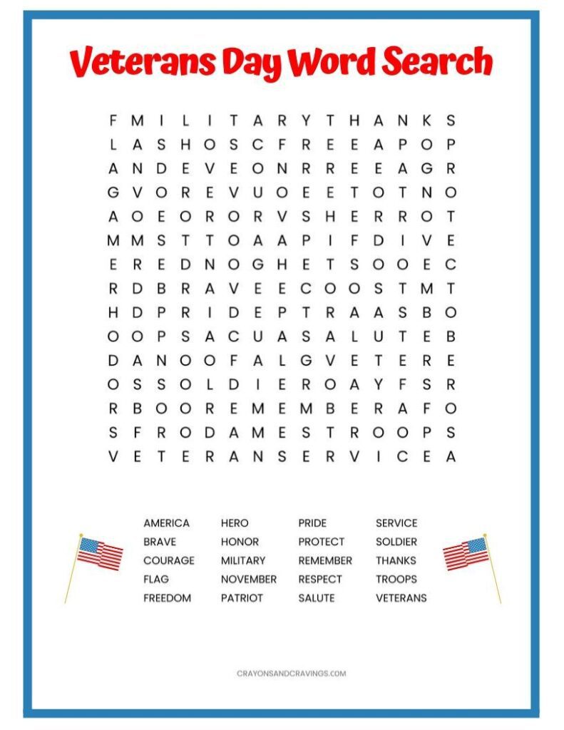 Veterans Day Word Search Free Printable Worksheet