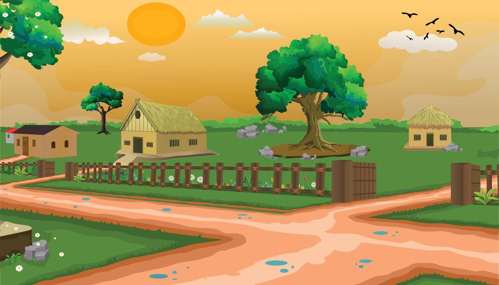Download Village cartoon background illustration morning background with sun, fo