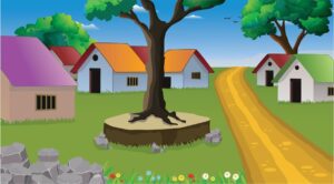 , Village cartoon background illustration with old style cottage, well, t HD Wallpaper