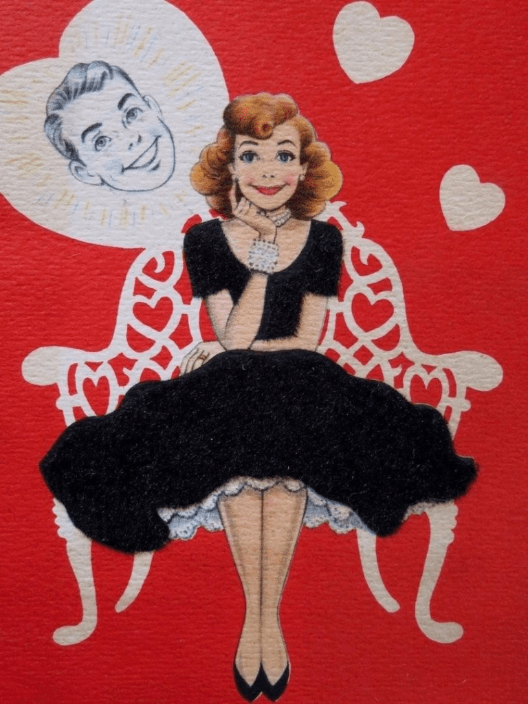 Vintage Valentine Card 1950S Pretty Lady Flocked Black Dress Kissing Man Husband