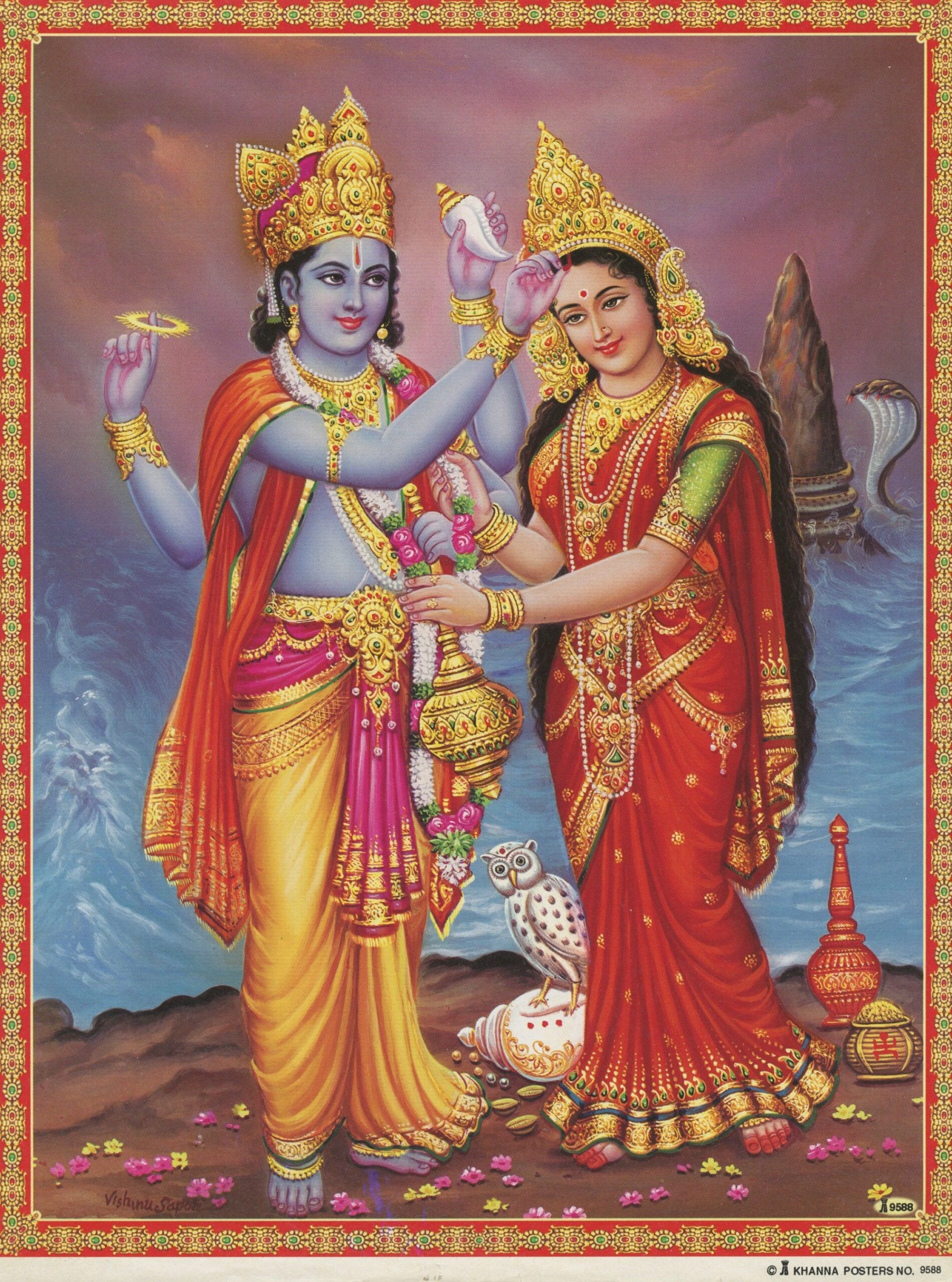Vishnu & Lakshmi - Vintage-style Indian Hindu Devotional poster print
