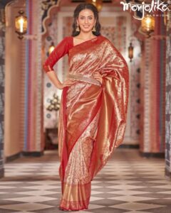 Women’s Red color Kanjiwaram Silk Zari Woven Saree With Unstitched Blouse Piece HD Wallpaper