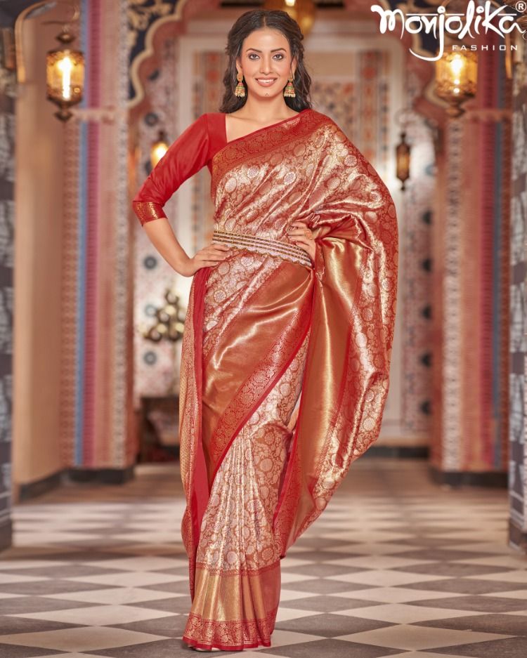 Women'S Red Color Kanjiwaram Silk Zari Woven Saree With Unstitched Blouse Piece