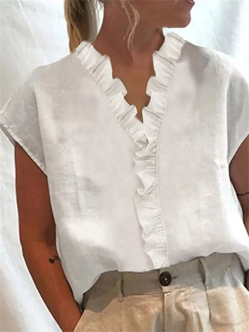 Women’s Shirt Blouse White Plain Ruffle Short Sleeve Casual Weekend