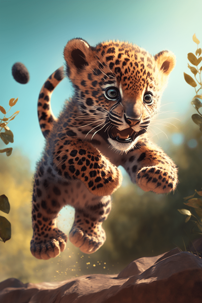 A Cute Baby Jaguar Jumping In Pixar Style Disney Style