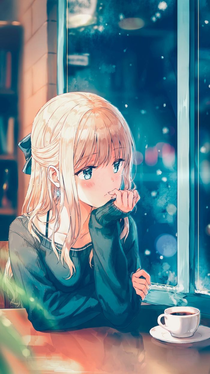 anime girl wallpaper handy mädchen im kaffee sitzt durch das fenster sehen blau 