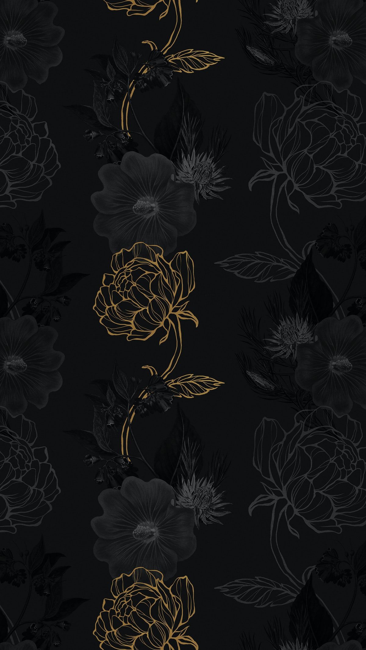 Download premium image of Hand drawn black and gold flower pattern on a dark bac