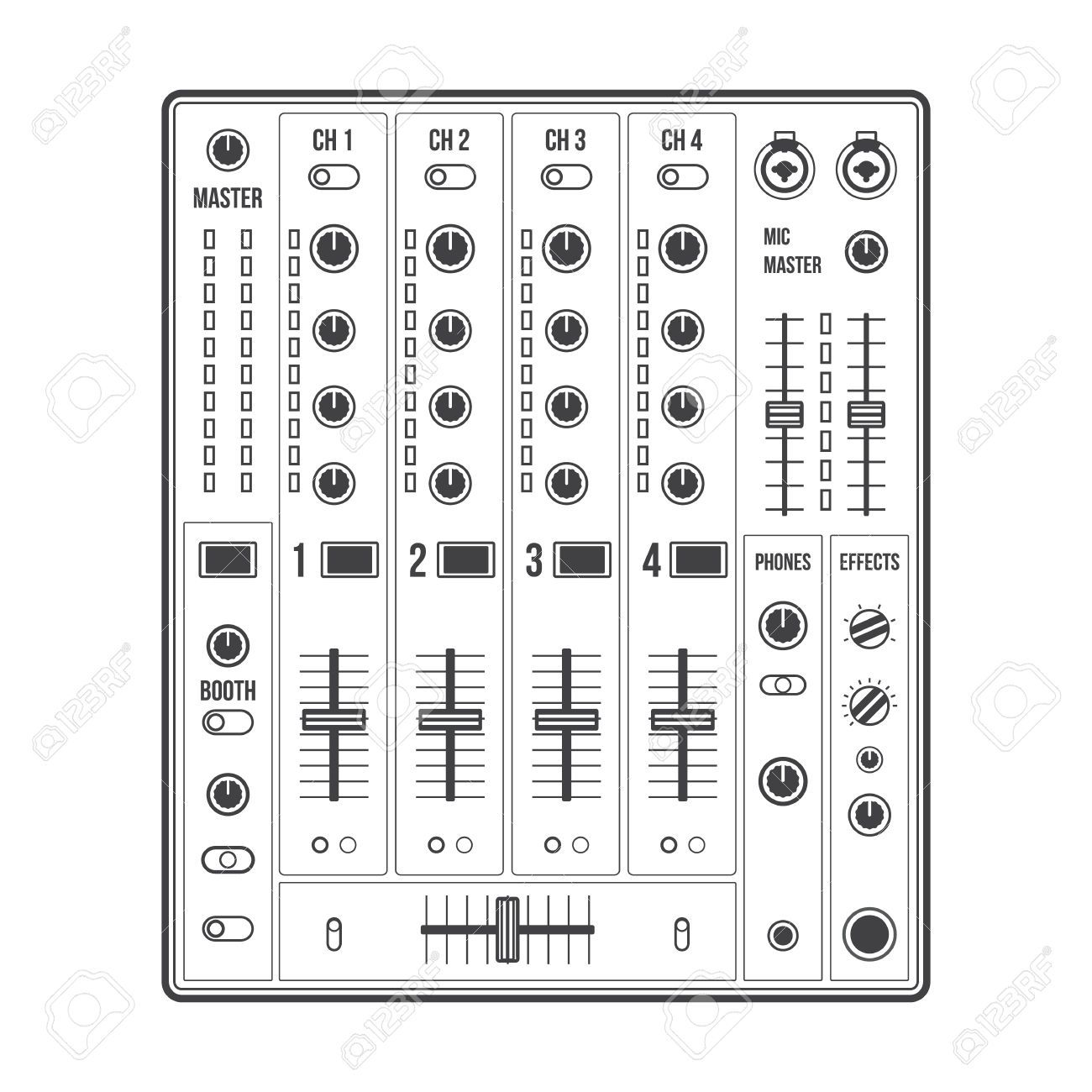 vector outline sound dj mixer with knobs and sliders